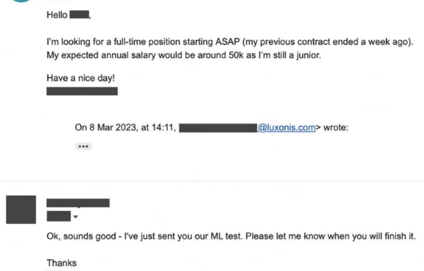 Screenshot of an email exchange