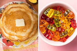 On the left, a stack of pancakes topped with syrup and a pat of butter, and on the right, a bowl of gummy bears