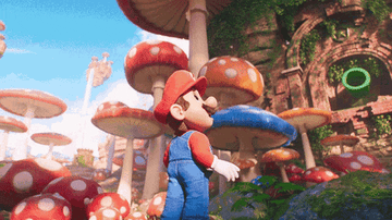 Super Mario looks at mushrooms
