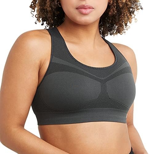 Model wearing gray sports bra