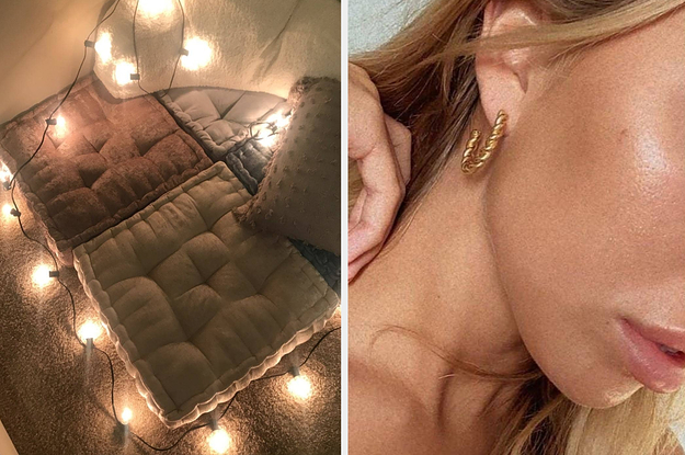 on left reviewers chenille floor pillows and on right model wearing gold earrings
