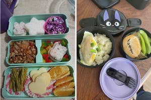left: reviewer photo of three compartments of bento. right: reviewer photo of Jiji-themed bento box with food inside
