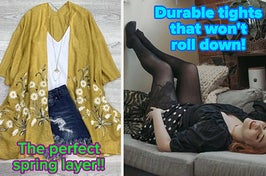 L: a green kimono cardigan with embroidered daisies and text reading "The perfect spring layer!!", R: a model wearing semi-sheer tights and text reading "Durable tights that won't roll down!"