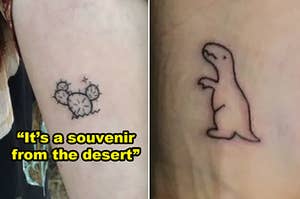 A side-by-side of a cactus tattoo and a T-rex tattoo