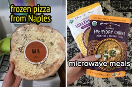 hand holding a frozen pizza, hand holding two packets of microwaveable indian chana