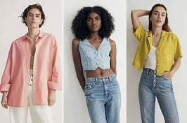 on left: model in long sleeve pink button-down shirt. in middle: model in cropped blue denim vest. on right: model in yellow short sleeve button down top and white tank
