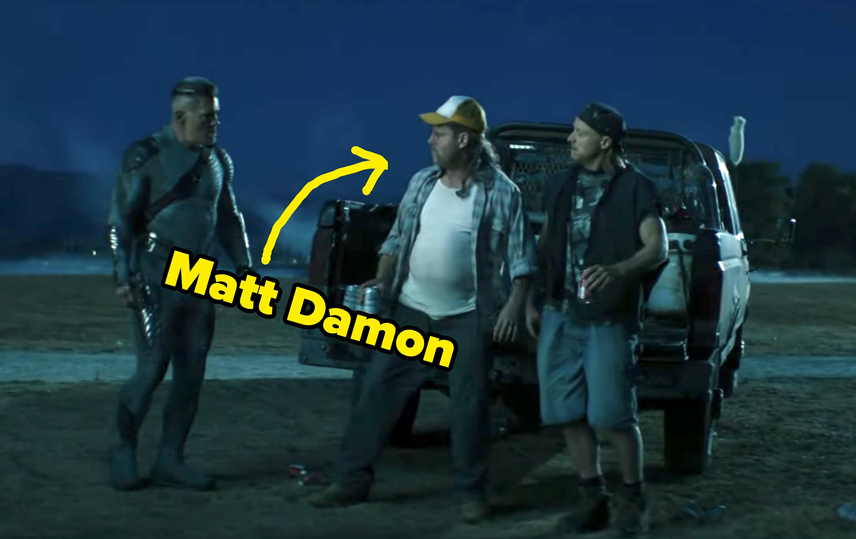 arrow pointing to matt damon sitting on a trunk bed drinking beers