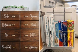 cabinet with labels on drawers, open kitchen cabinet door with food wrap boxes in the organizer