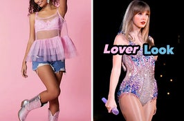 On the left, someone wearing shiny cowboy boots, short denim short, and a flouncy, sheer, tiered top, and on the right, Taylor Swift wearing a sparkly leotard labeled Lover Look