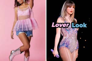 On the left, someone wearing shiny cowboy boots, short denim short, and a flouncy, sheer, tiered top, and on the right, Taylor Swift wearing a sparkly leotard labeled Lover Look