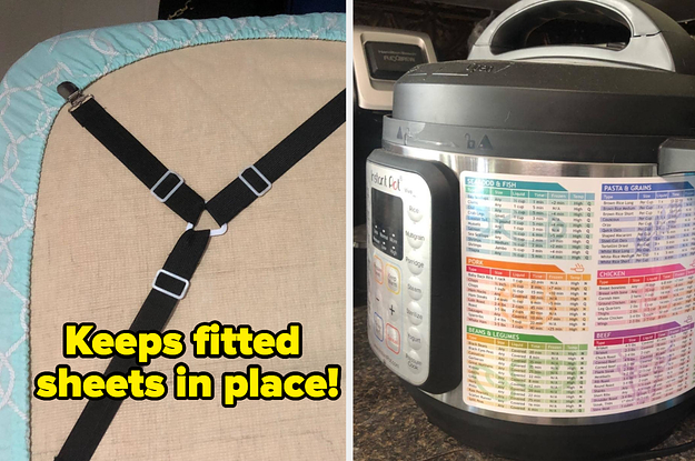 L: a reviewer photo of black clips on the underside of a mattress and text reading "keeps fitted sheets in place!", R: a reviewer photo of a cook time magnetic chart on the side of an Instant Pot