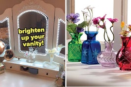 reviewer's three-section vanity mirror outlined with lights / colorful set of mini vases