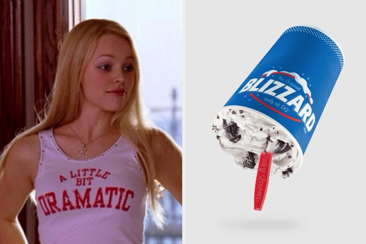 On the left, Regina from Mean Girls wearing a tank top that says a little bit dramatic, and on the right, a Blizzard from Dairy Queen