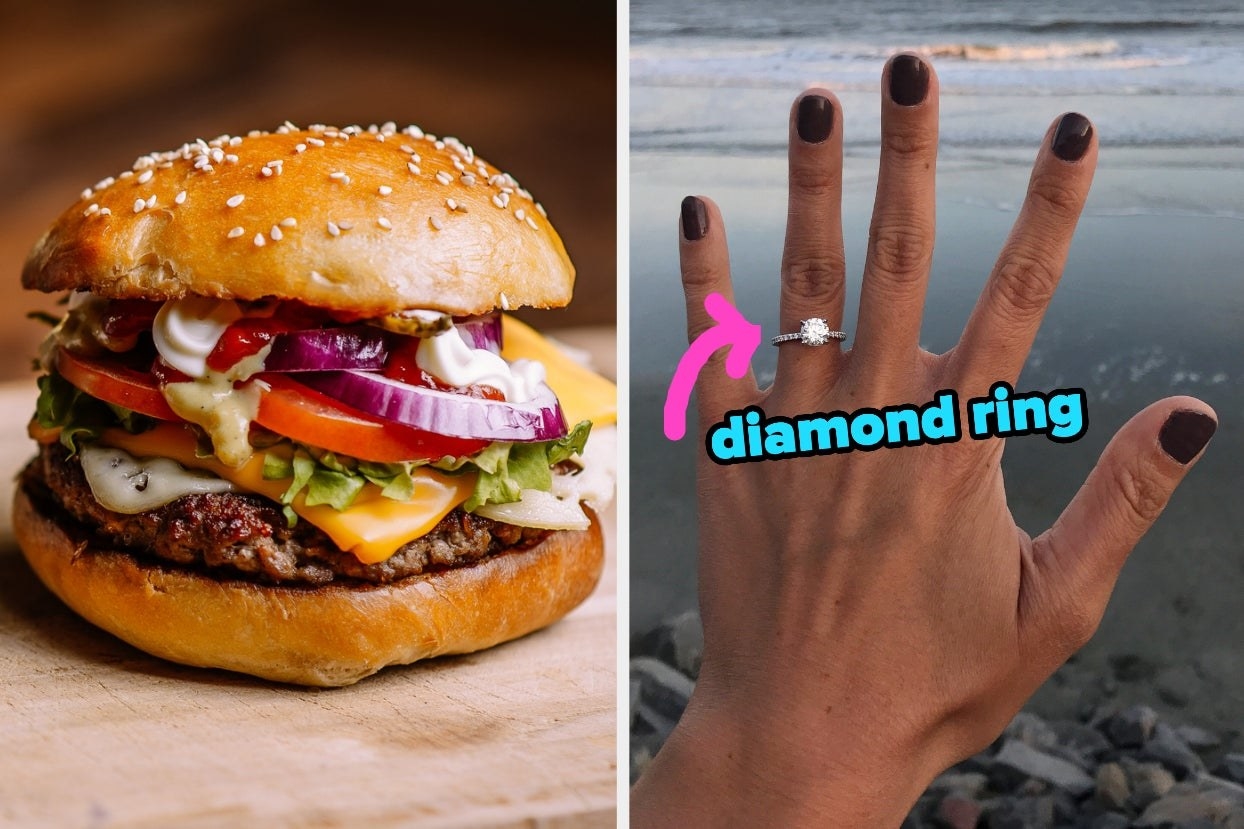 On the left, a cheeseburger, and on the right, someone showing off a ring with an arrow pointing to it and diamond ring typed under it