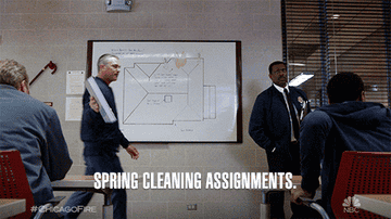GIF of actor saying, &quot;Spring cleaning assignments.&quot;