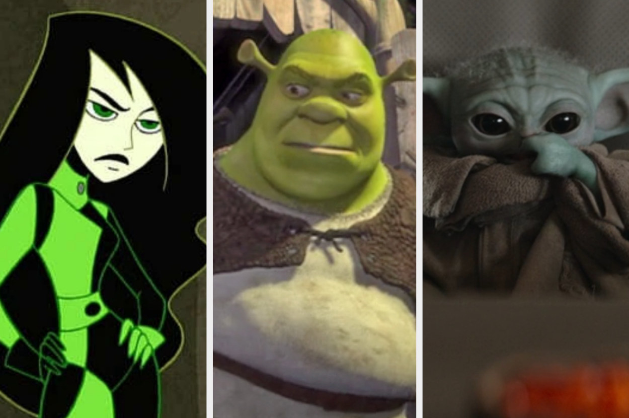 On the left, Shego from Kim Possible, in the middle, Shrek, and on the right, Grogu from The Mandalorian