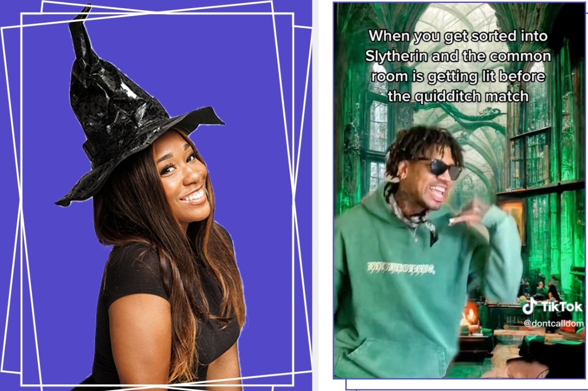 left: a woman in a witch hat smiling against a purple background; on the right, a tiktok screenshot with an image of a man in sunglasses and a sweatshirt