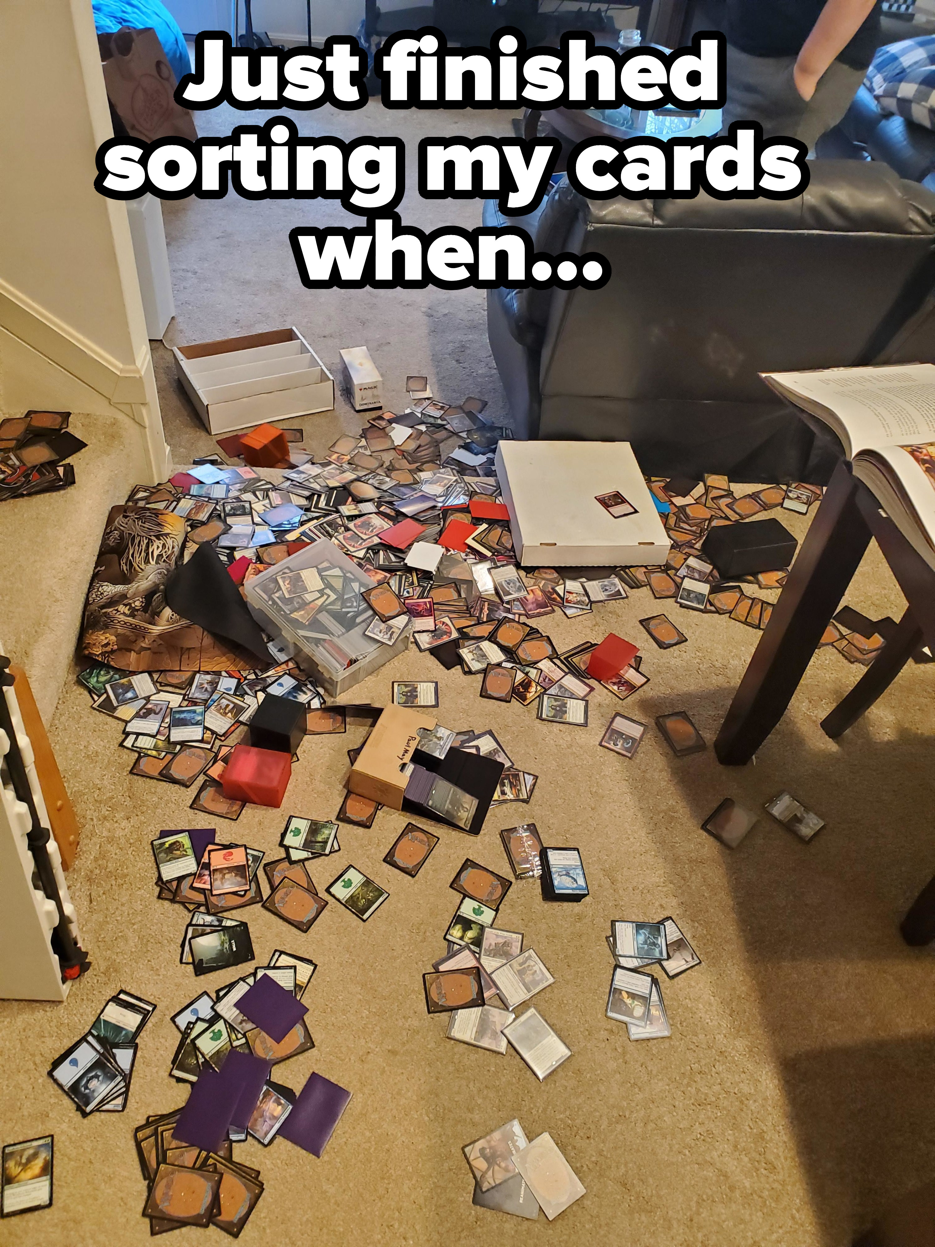 A ton of cards strewn about a floor with caption &quot;Just finished sorting my cards&quot;