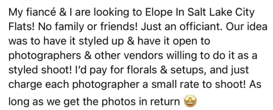 wedding couple wanting free vendors and for photographers to pay to take photos