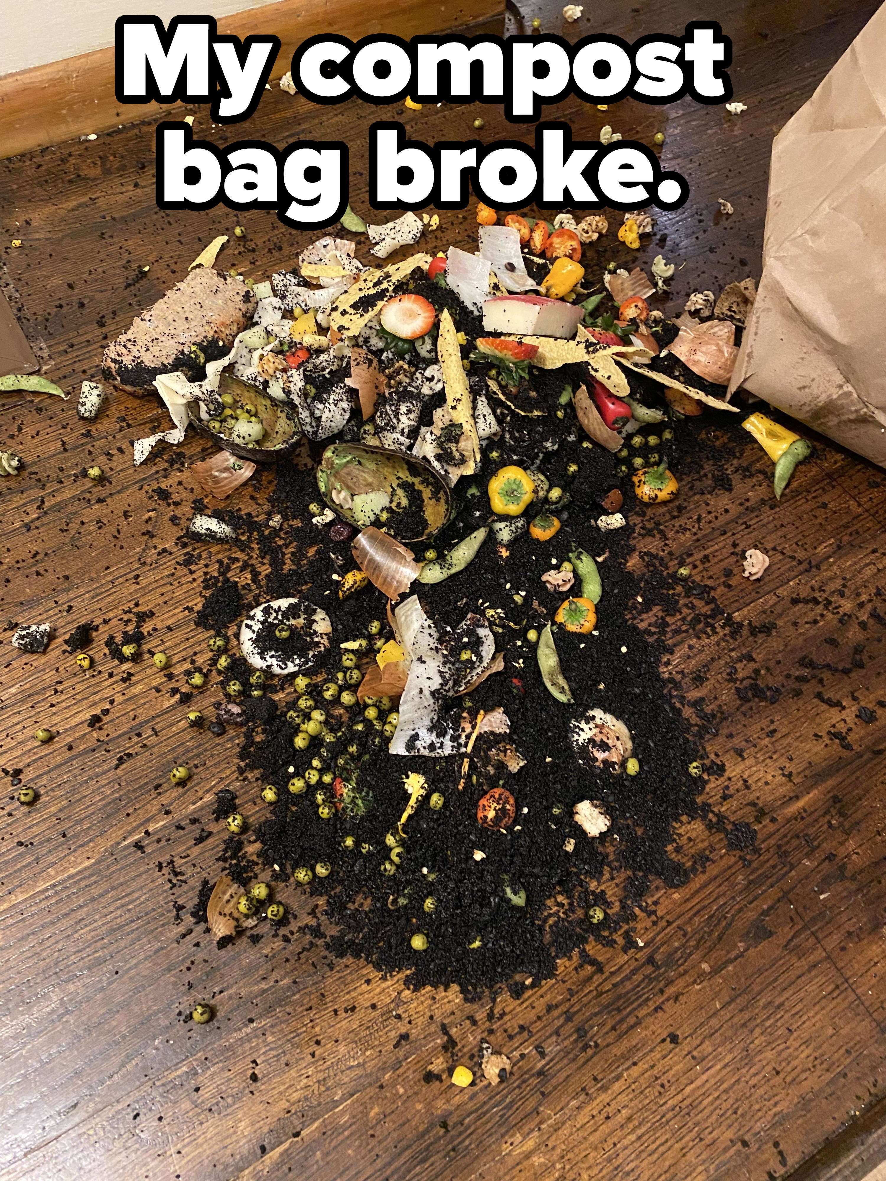 Contents of broken compost bag all over the wood floor