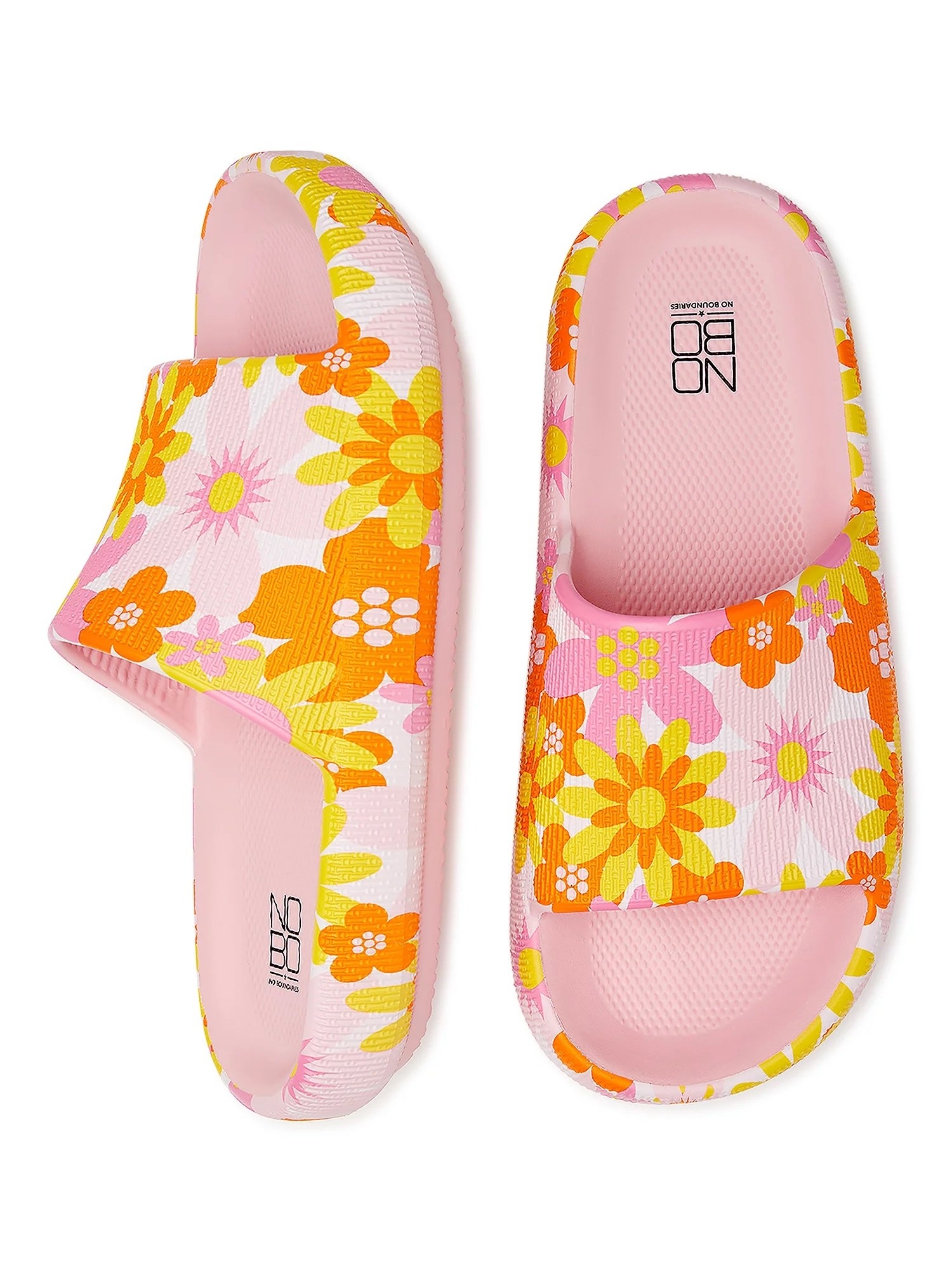 A pair of pink, yellow and orange slides