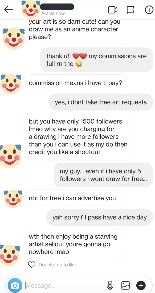 person asking for free art and insulting the artist