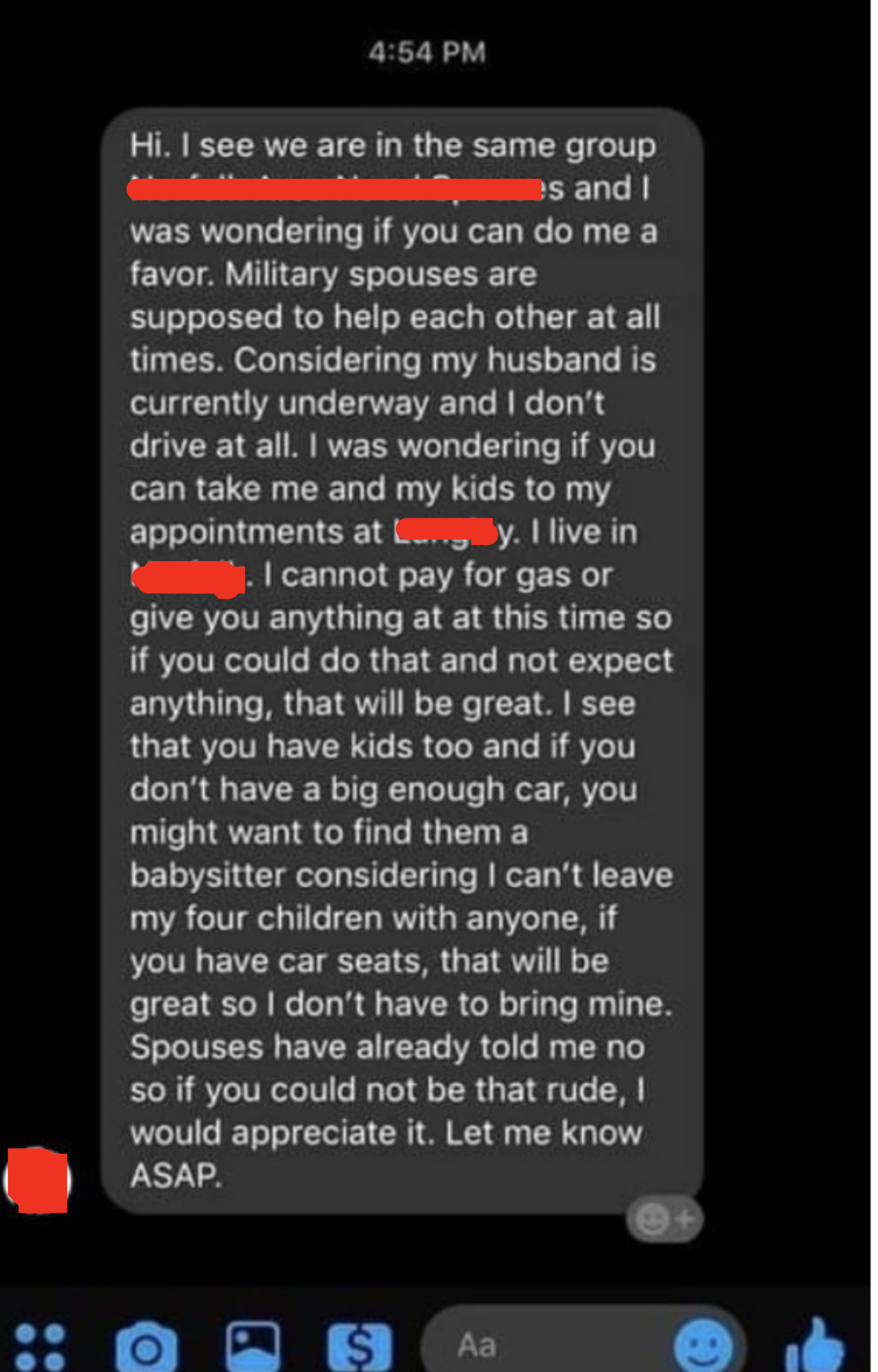 military spouse asking another if they could be driven to their appointments but will not be helping with gas and saying that military spouses are supposed to help each always so dont be rude