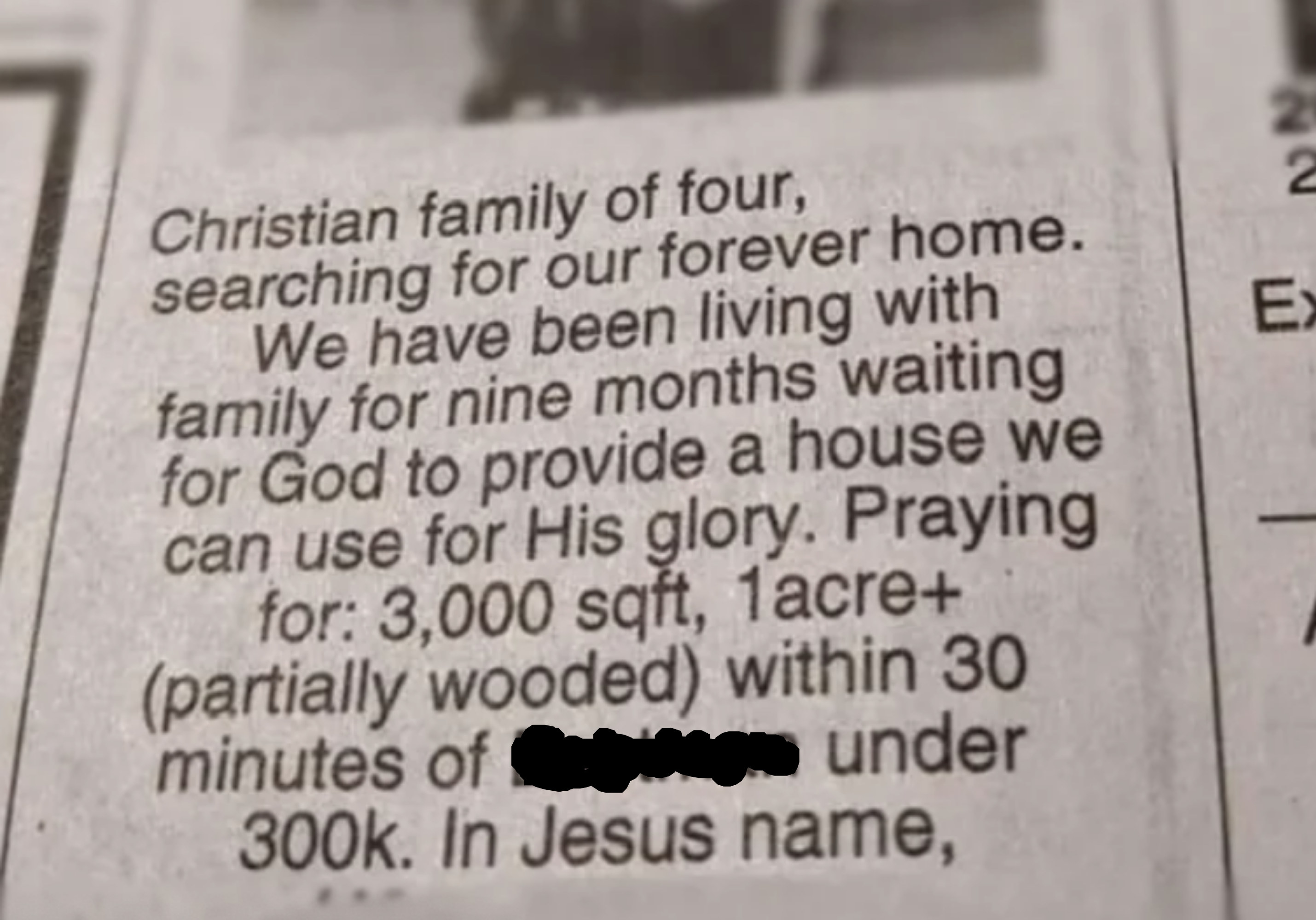 family prayer in the newspaper praying for a large house on one acre