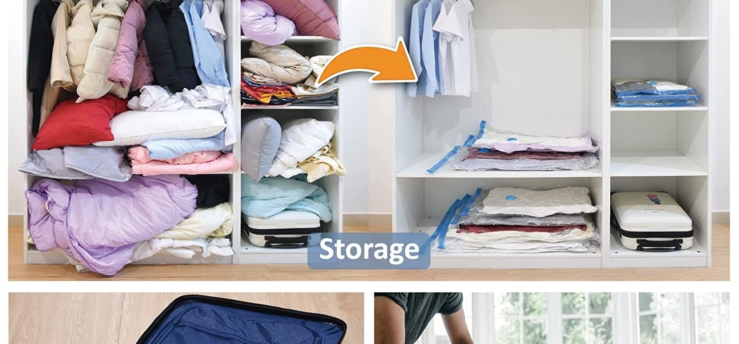 a before and after of a closet with the storage bags