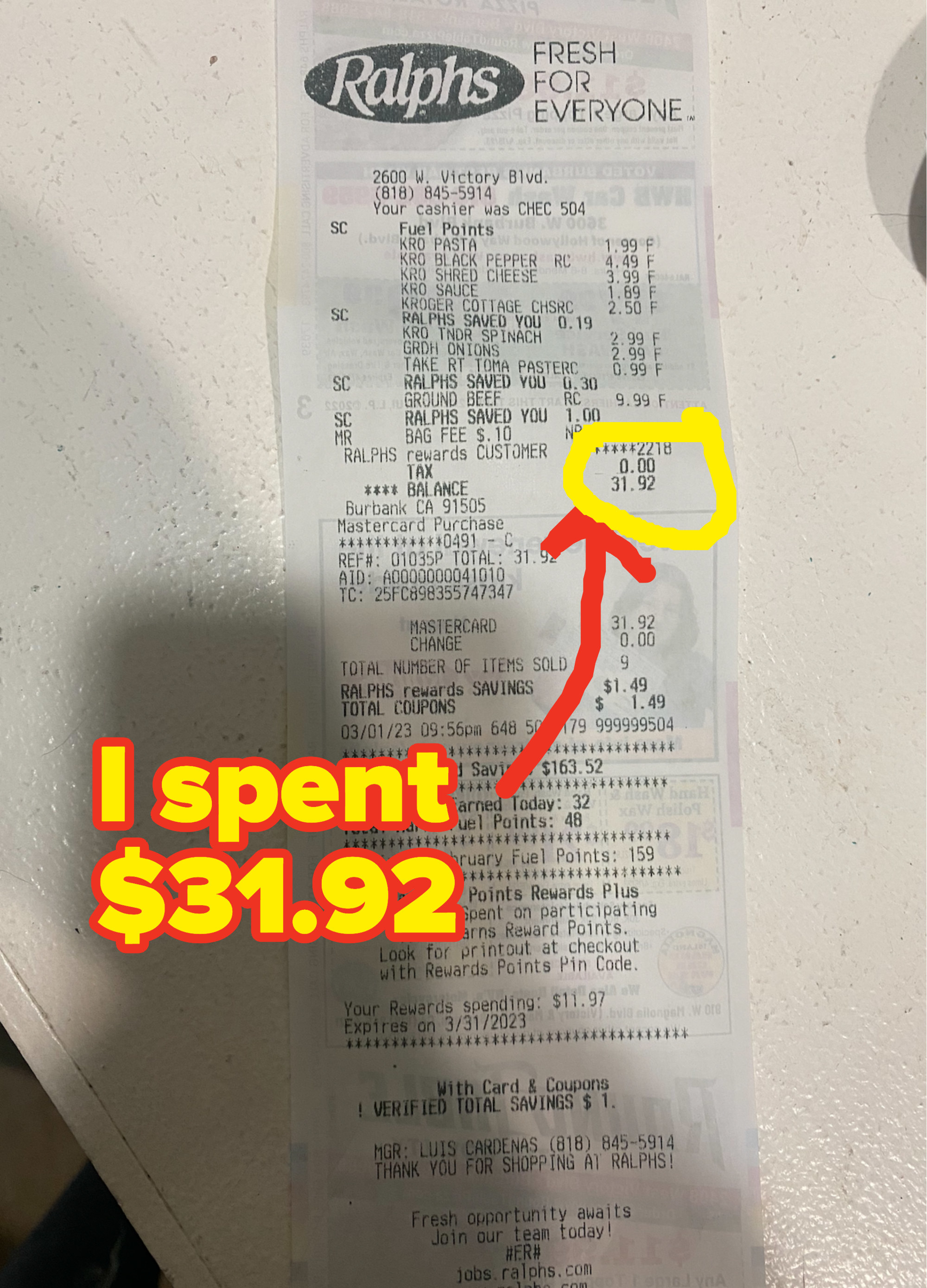 Krista&#x27;s receipt showing she spent $31.92