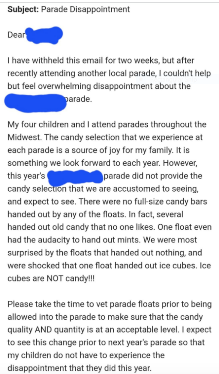 parent upset that the parade didn&#x27;t have the candy they wanted