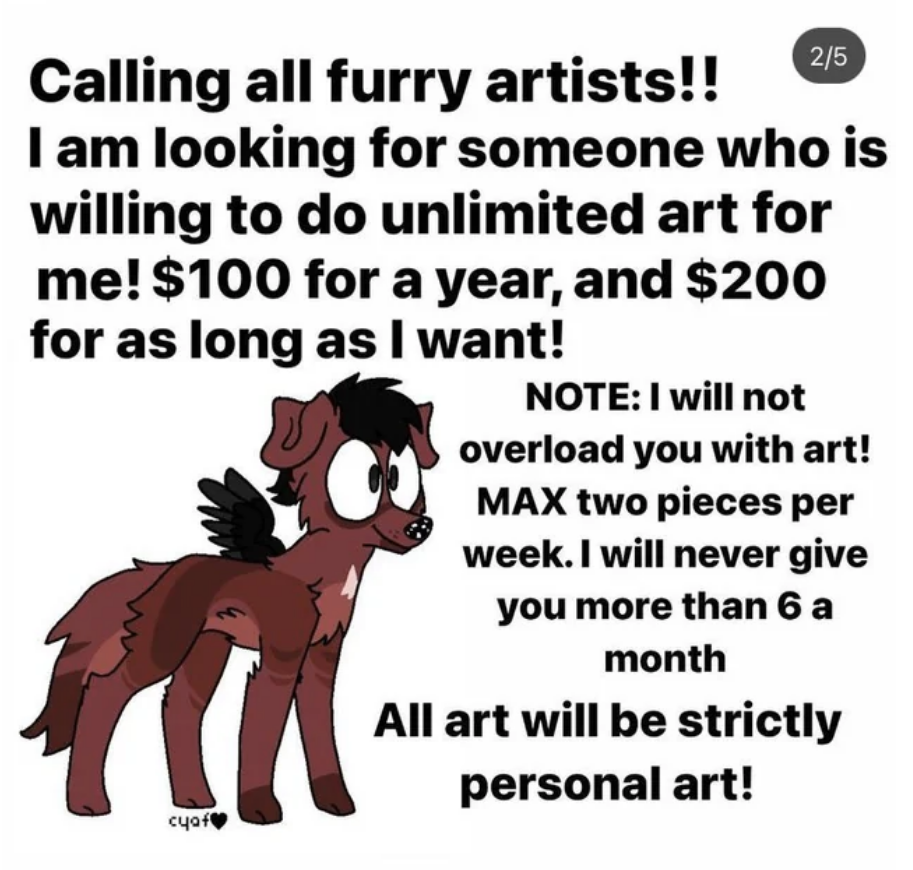 poster looking for artist but will only pay them $100 a year or $200 for however long they choose