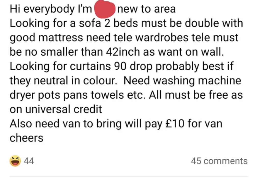 person asking for a washer, dryer, sofas, curtains and more