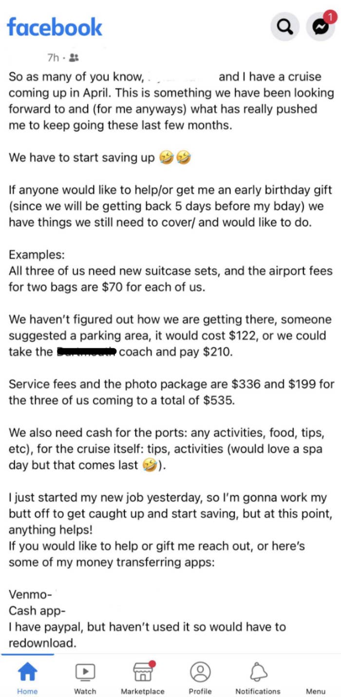 person asking facebook to help pay for their vacation