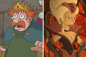 two images from the animated show "disenchantment": on the left is a king with full mustache and on the right is a queen with high hair and furrowed brows, hands on hips