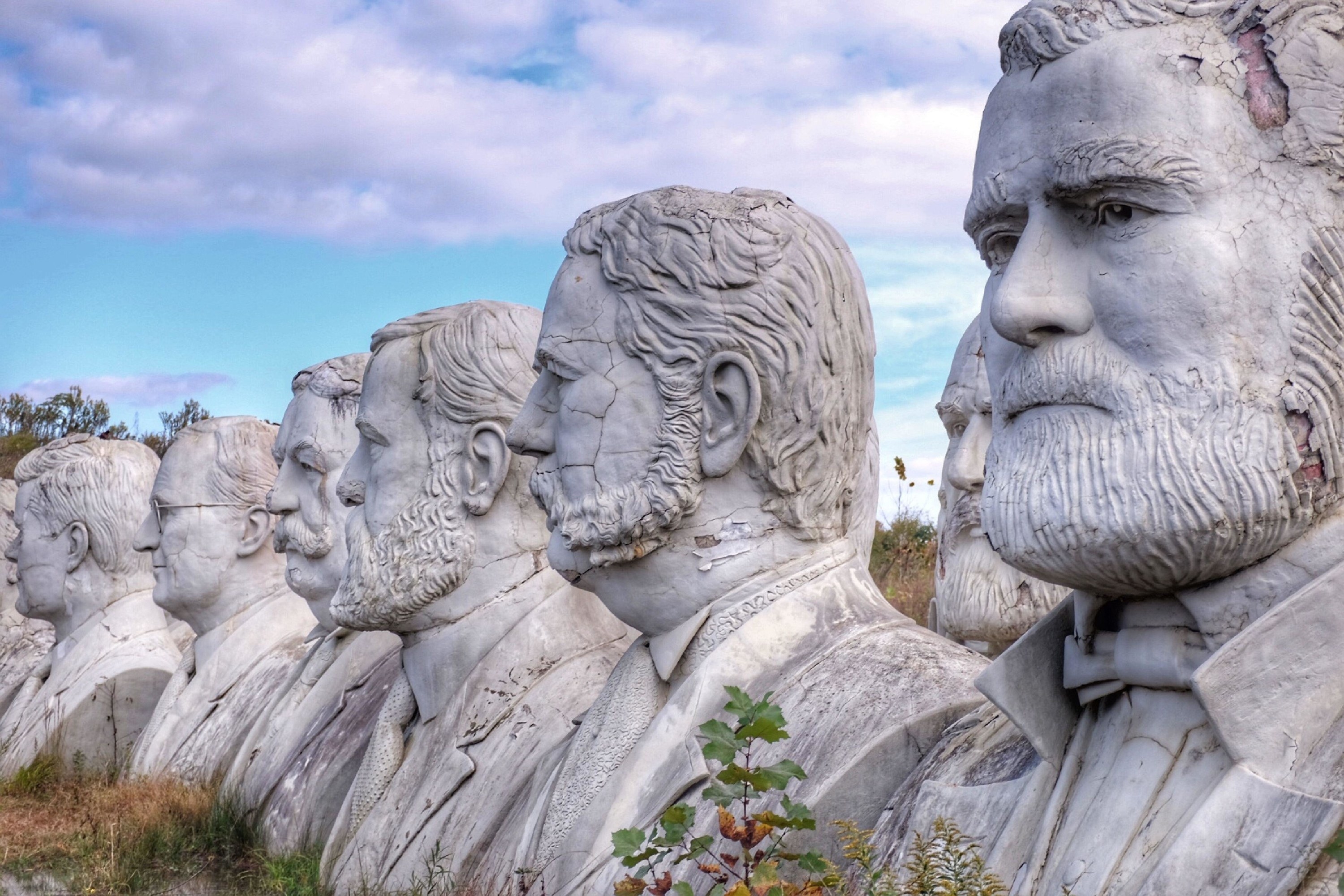 Several very large presidential busts are lined up side by side in a field
