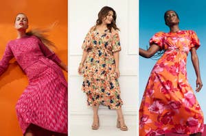 on left, model in long-sleeve pink maxi dress. in middle, model in floral-print tiered dress. on right, model in puff short sleeve orange and pink floral-print maxi dress