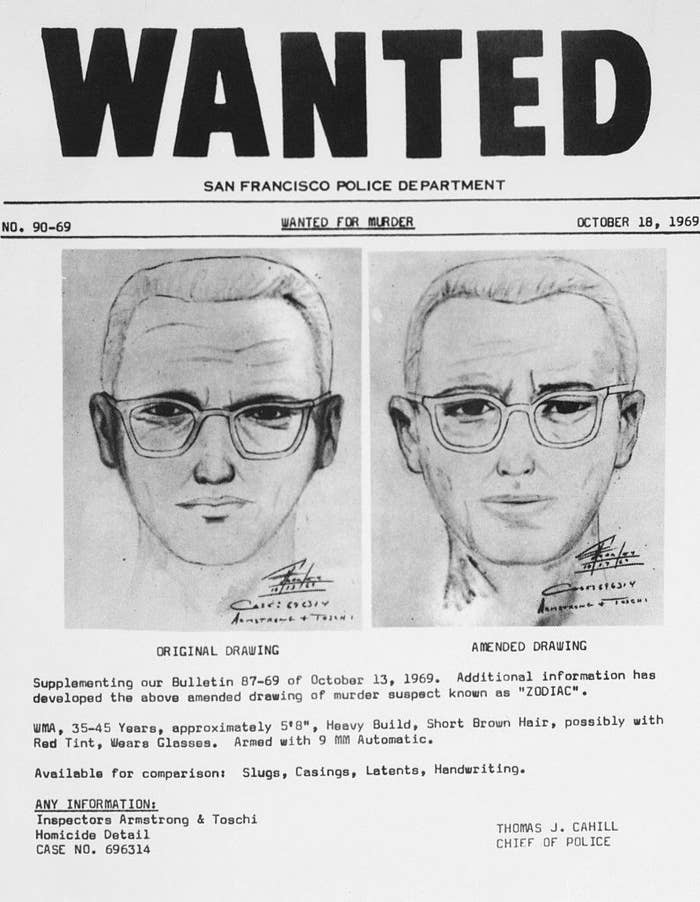 Wanted poster for the Zodiac Killer with a pencil drawing of a man with a short haircut and glasses