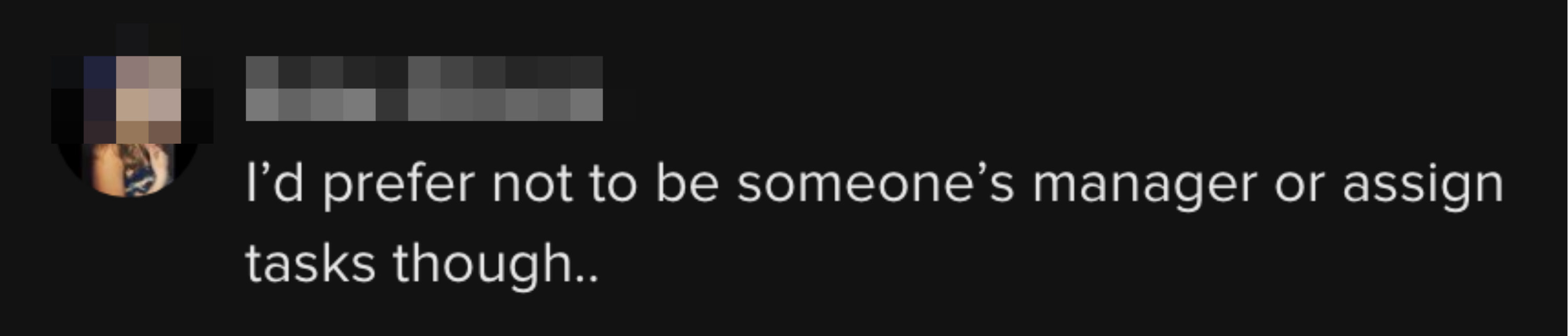 This person said &quot;I&#x27;d prefer not to be someone&#x27;s manager or assign tasks though...&quot;