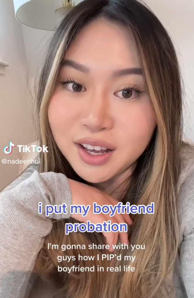 A closeup of Nadeen speaking with the caption, &quot;I put my boyfriend on probation. I&#x27;m gonna share with you guys how I PIP&#x27;s my boyfriend in real life&quot;