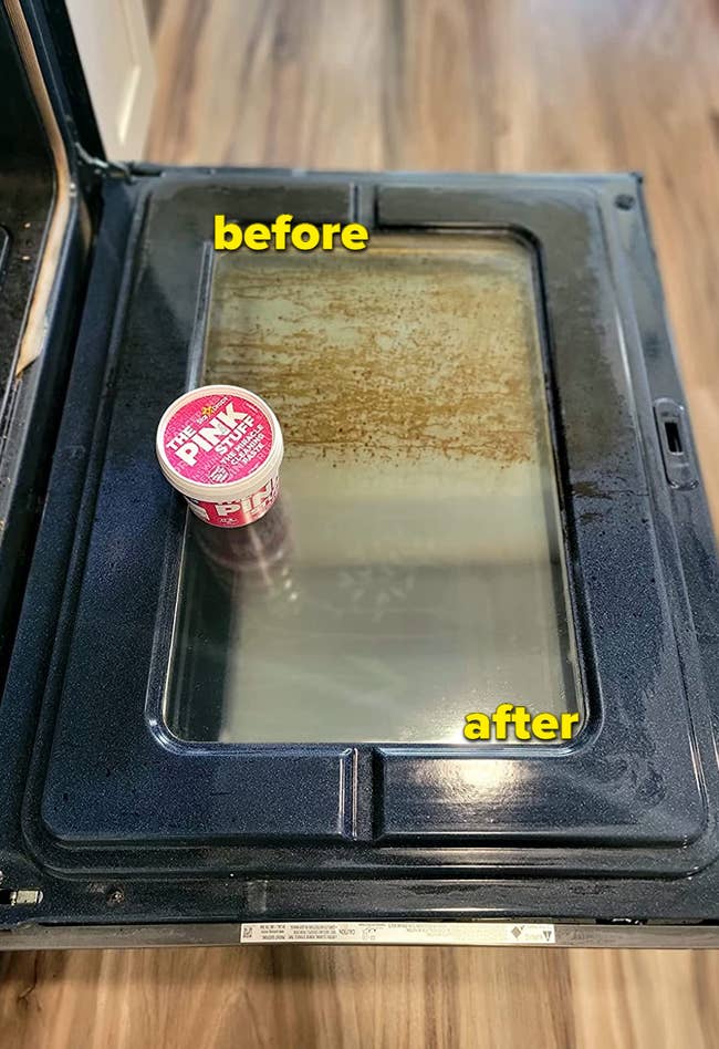 a reviewer's half clean oven after using the pink stuff