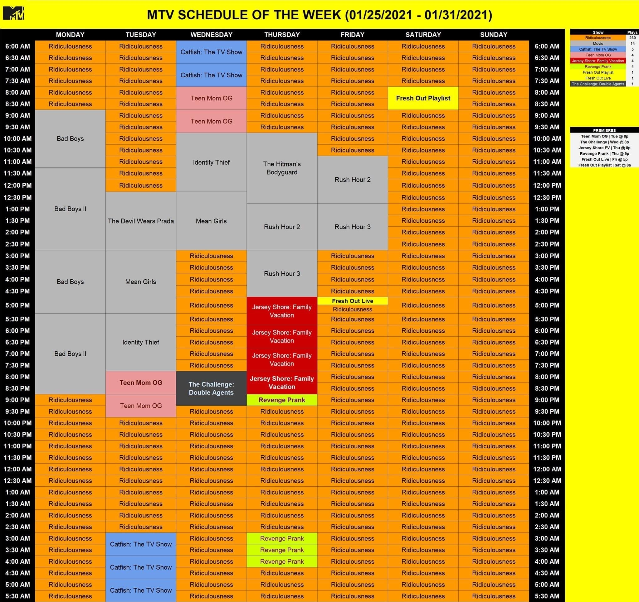 The MTV Schedule of the week (01/25/2021 - 01/31/2021) showing that almost all of the programming is episodes of  Ridiculousness