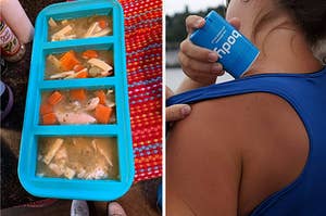 on left, blue ice cube tray with pre-portioned chicken soup in sections. on right, model applying body glide anti-chafing balm to shoulder