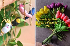 clay bird earrings and faux tulips that look real