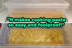 T: a reviewer photo of uncooked pasta in a microwave cooker, B: a reviewer photo of the cooker with cooked pasta inside and a quote reading "It makes cooking pasta so easy and foolproof!"
