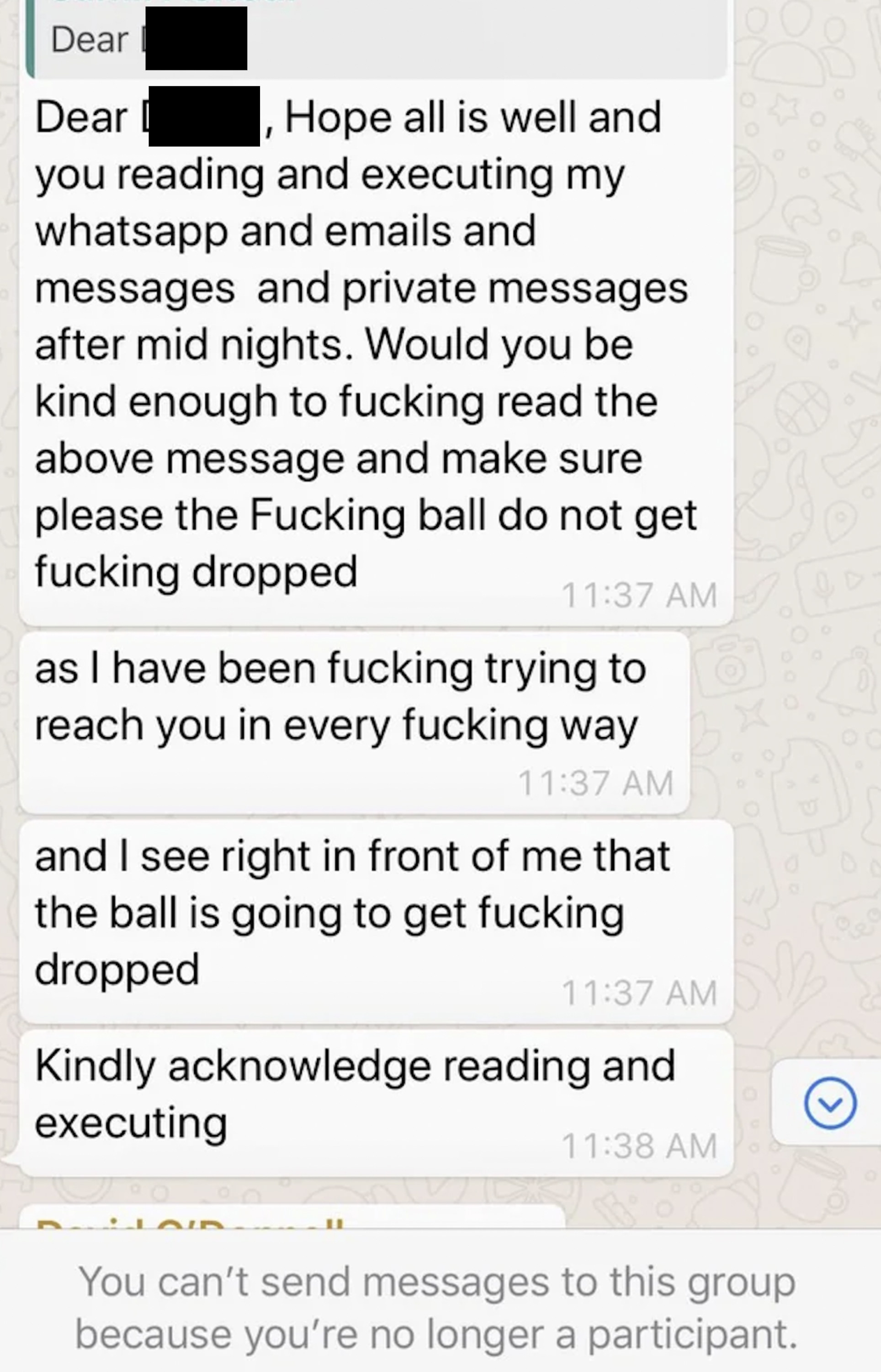 A string of abusive message from a boss in a WhatsApp thread group