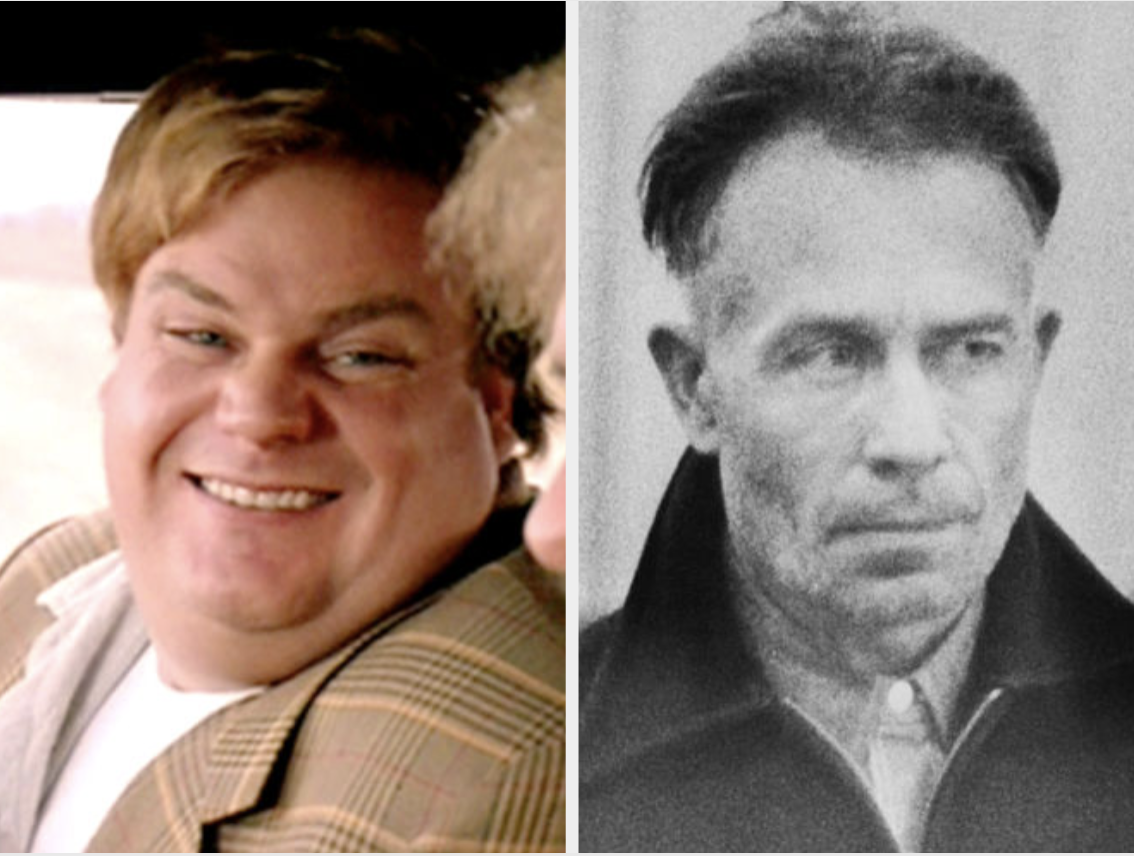 Side-by-side of Chris Farley and Ed Gein