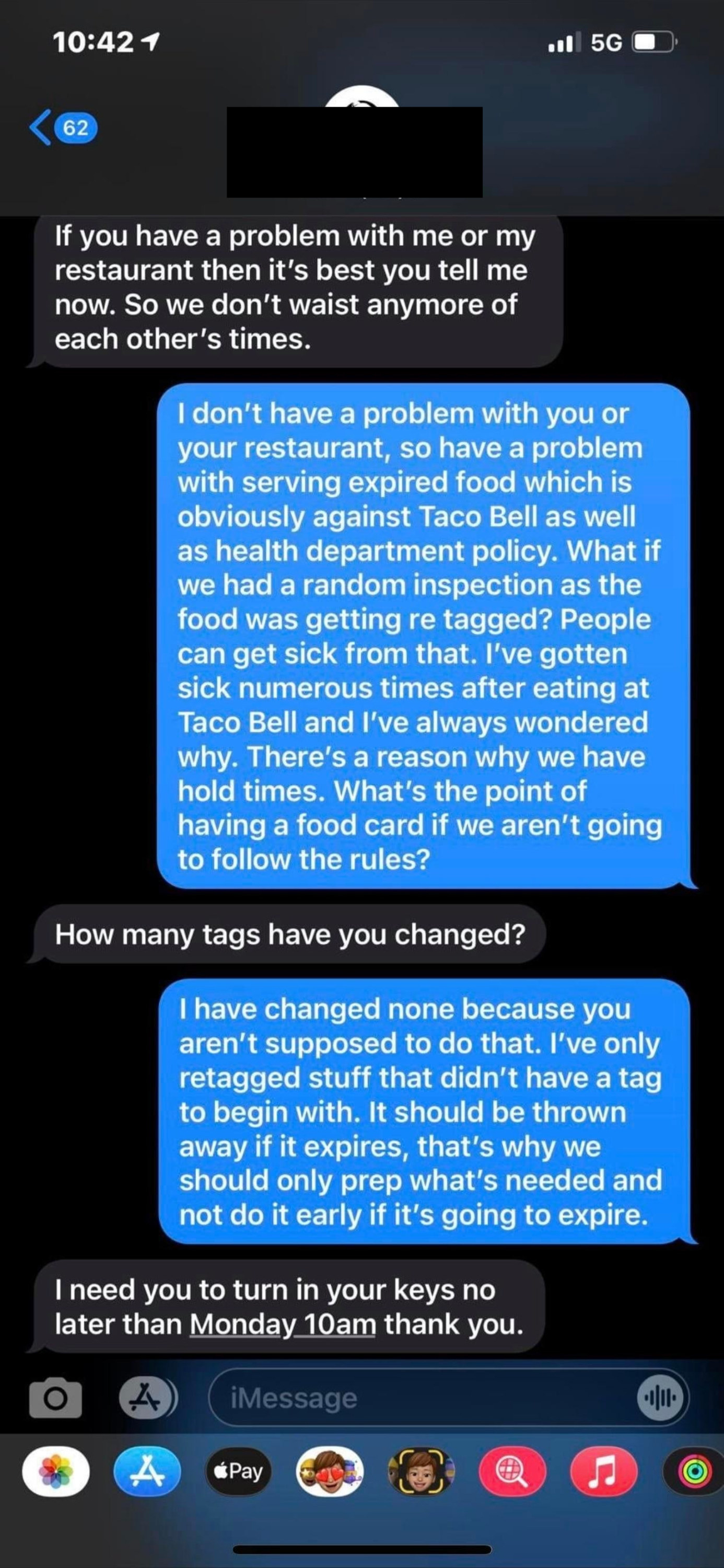 A boss firing an employee after they brought up an issue of the restaurant using expired food