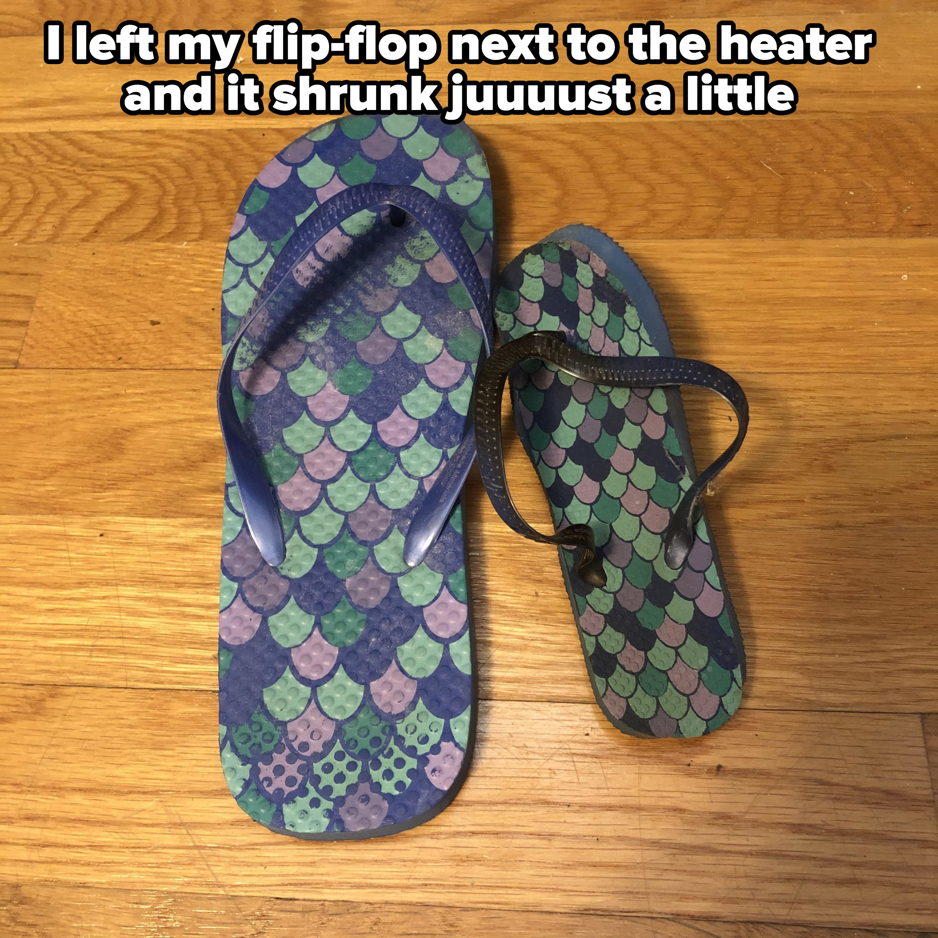 Flip-flop sandal that shrank while it was next to a heater alongside the intact sandal, which is about a third bigger