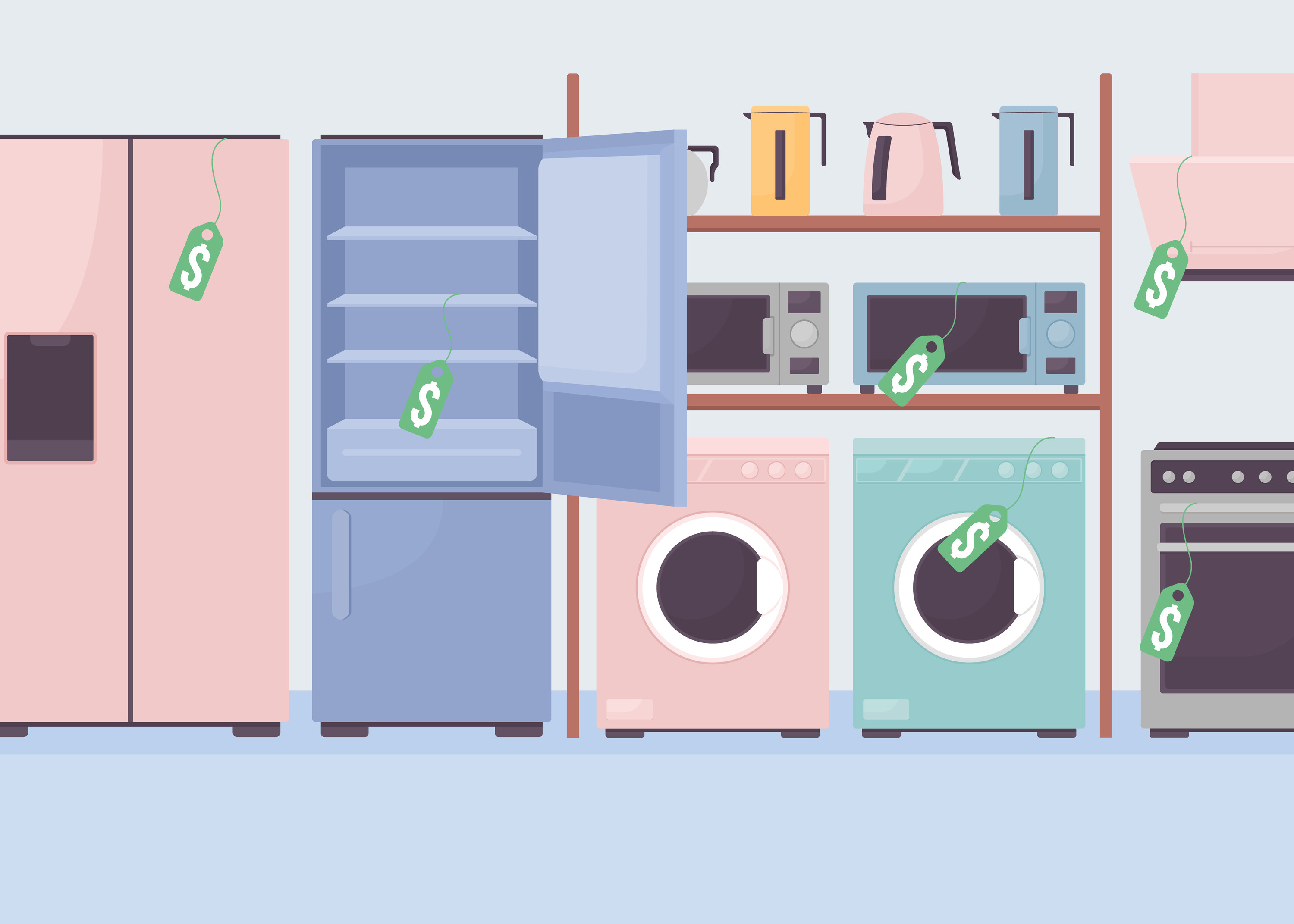 Discount on kitchen appliances flat color vector illustration